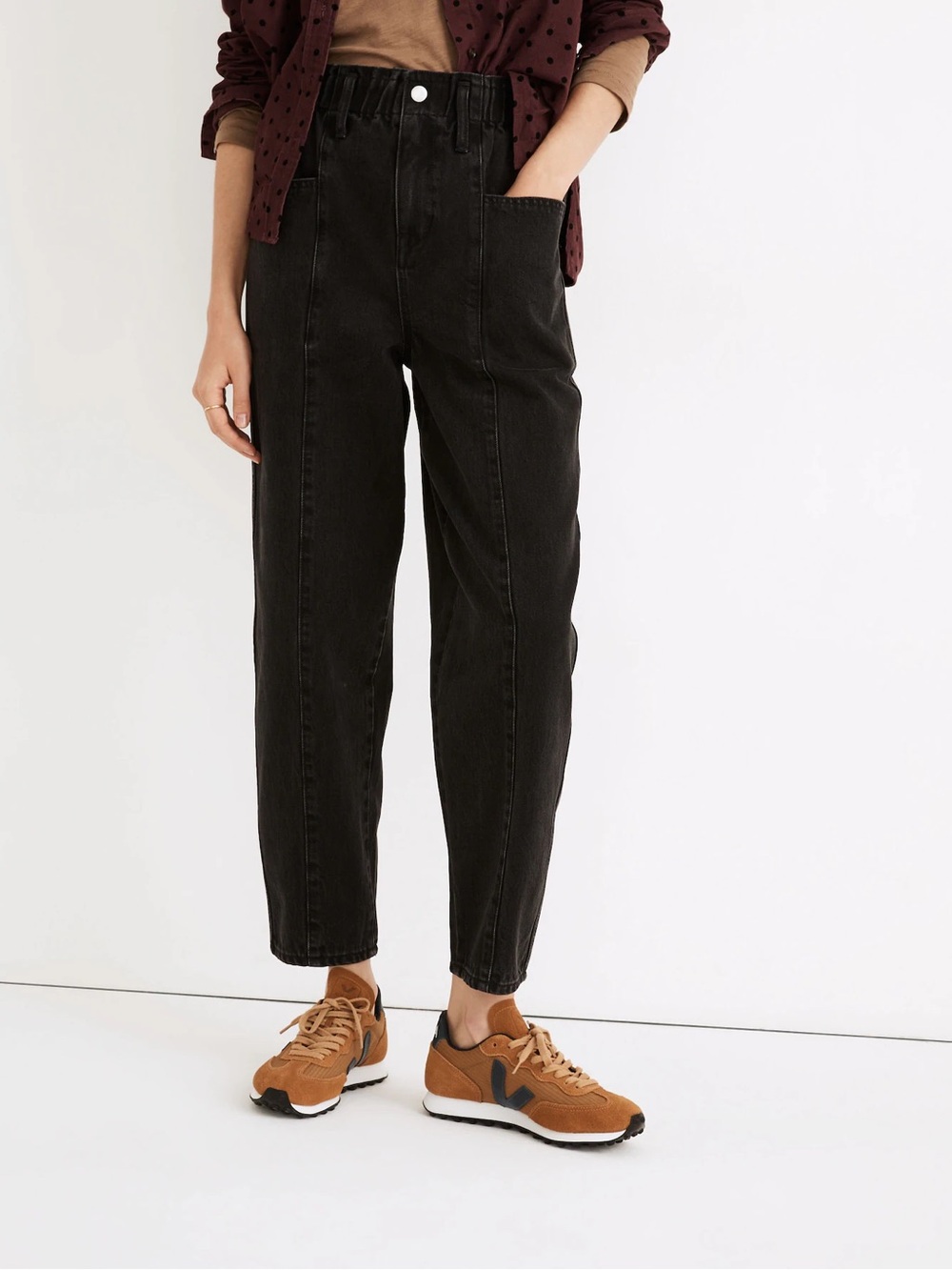 Madewell Barrel Jeans Black Denim High Rise Pull On Balloon Paperbag Size Small